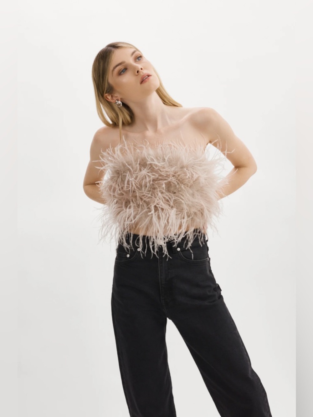 Lamarque Feathered Strapless Crop Top - Zaina beige